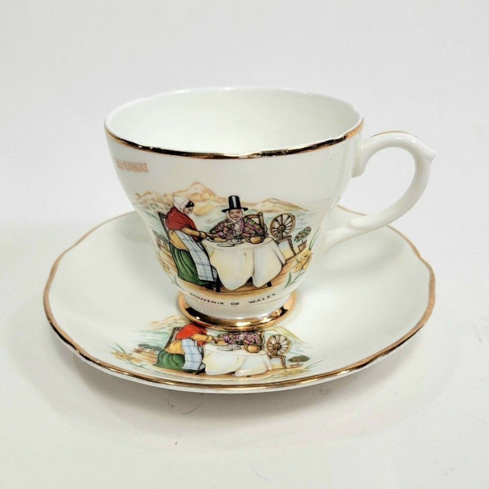 WALES Souvenir Teacup‎ and Saucer Gold Rim Fine Bone China England